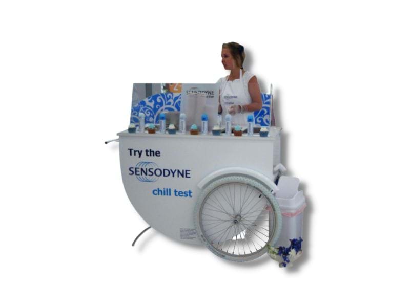 Cart-style sampling unit with spoked wheels - Displays2Go.com.au