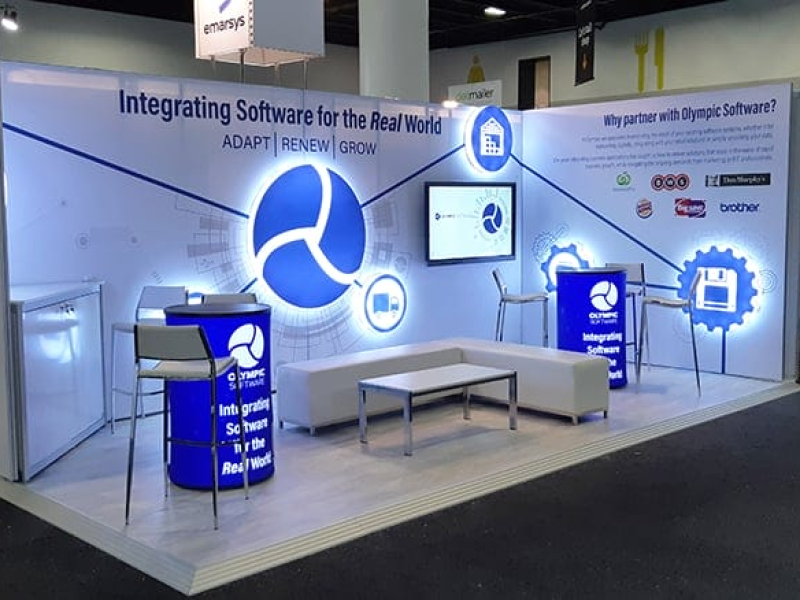 Exhibition Brandframe: Custom back-lit acrylic signage can mount directly to Brandframe - Displays2Go