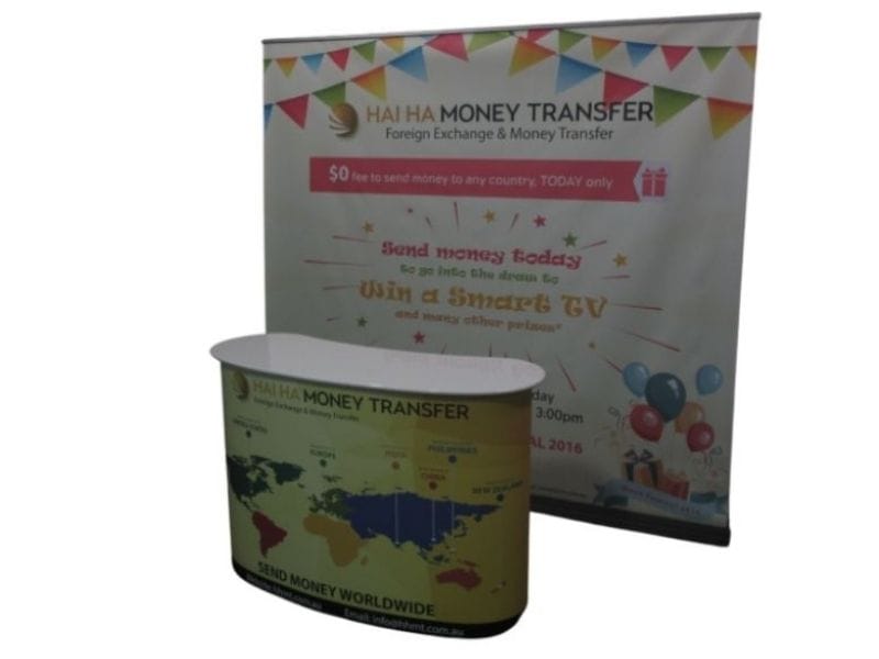 2.4 metre wide pull up banner HAI HA Money Transfer - Displays 2 Go