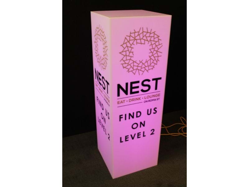 A frosted plinth with opaque cut vinyl lettering - Displays2Go.com.au
