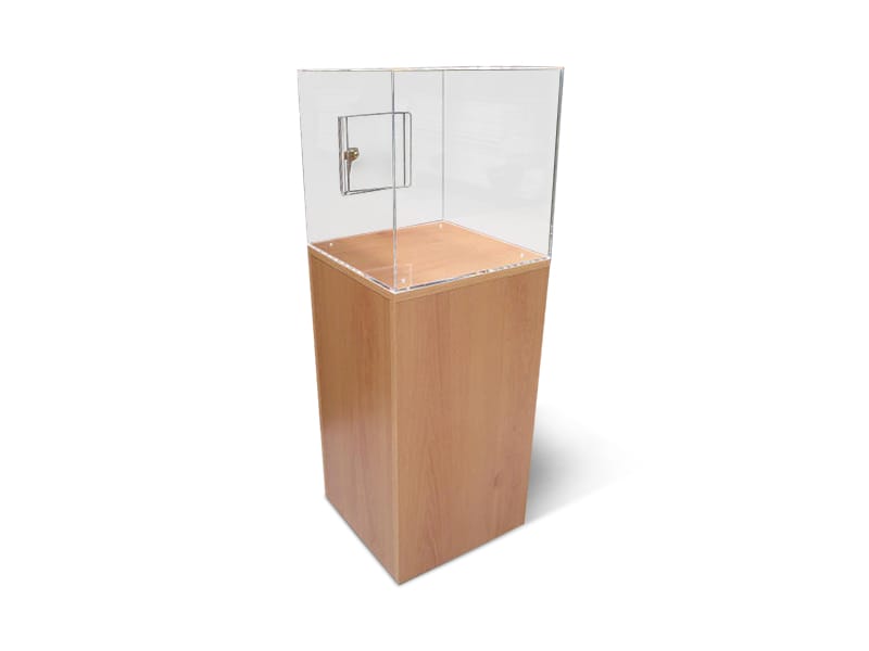 Product variations include wood grain finishes on the base pedestal - Displays 2 Go