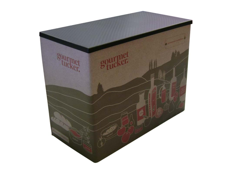 Superlight 1200 demonstration table  with branded wrap and black top - Displays2Go