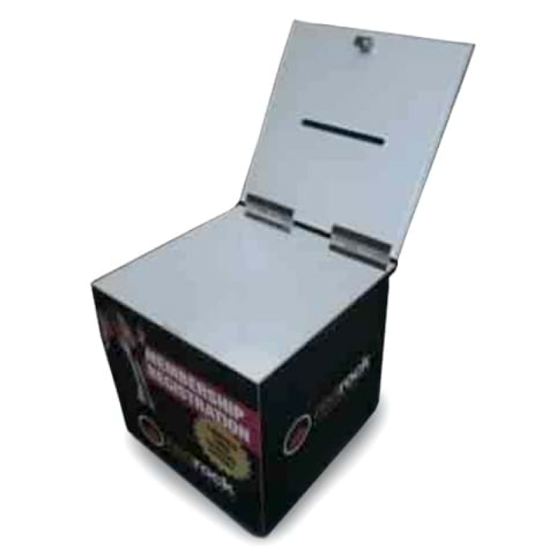 Hinged lid on acrylic entry box - Displays2Go