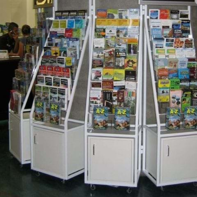 Customised-magazine-and-brochure-stands on castors - Displays2Go