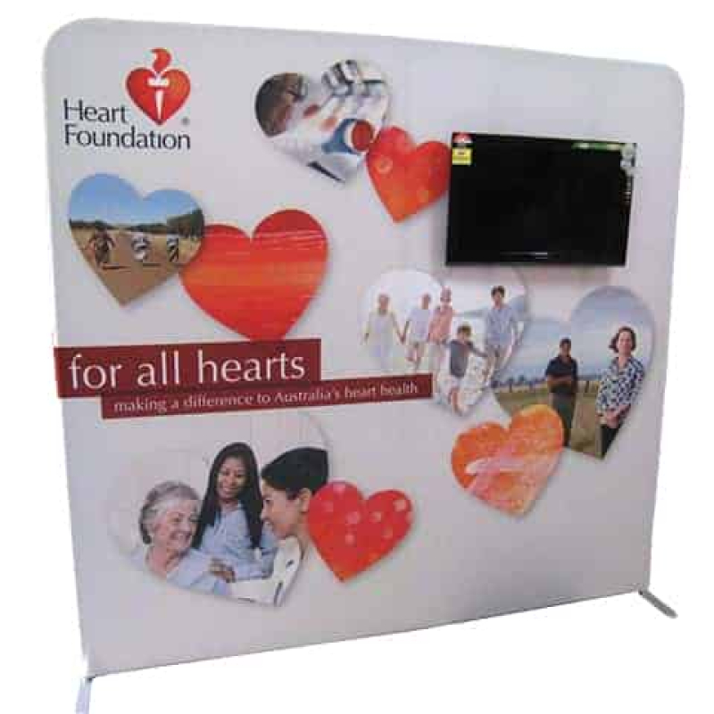 Backdrop stand with TV in front. Portable and effective! - Displays2Go