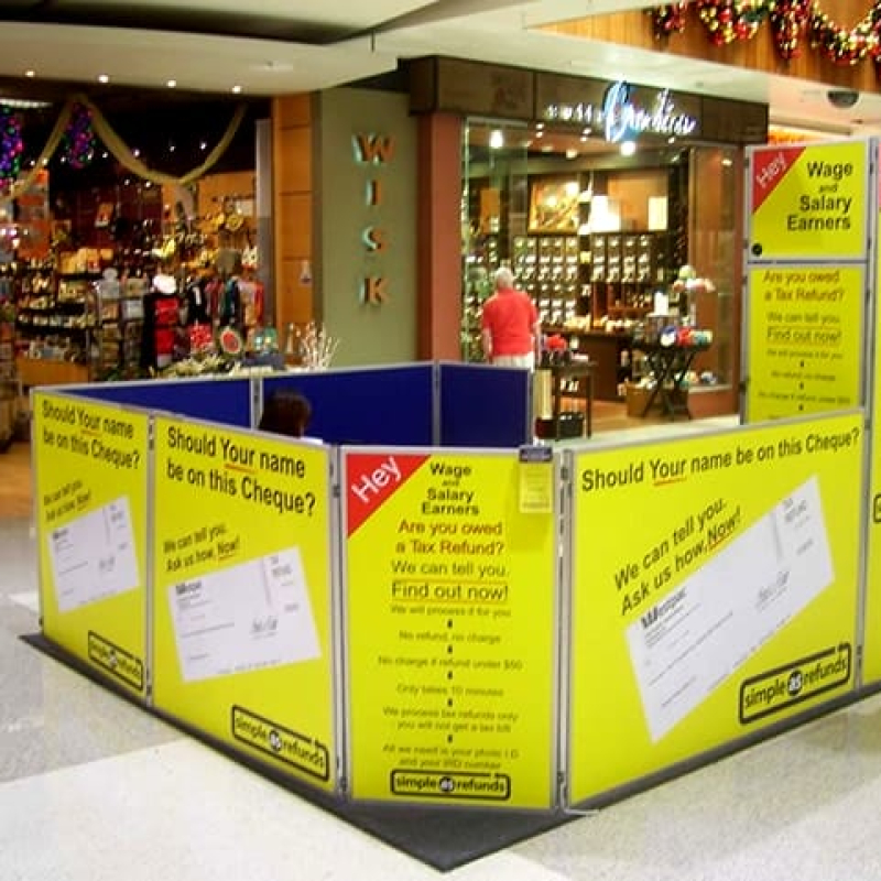Panel displays configured into a shopping centre display booth - Displays2Go